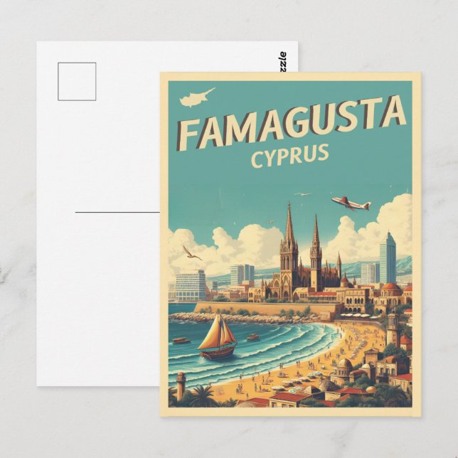 Retro travel Famagusta Beach Zypern Geschenke Postkarte (Vorne/Hinten)
