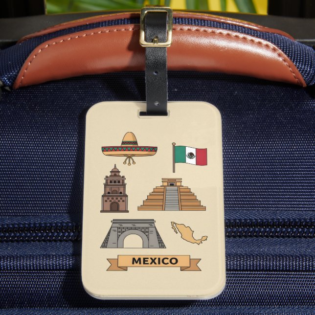 Retro Travel Mexico Iconic National Symbols  Gepäckanhänger (Vorderseite Insitu 2)
