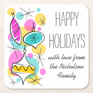Retro Tree Baubles Side Holidays Textquadrat Rechteckiger Pappuntersetzer