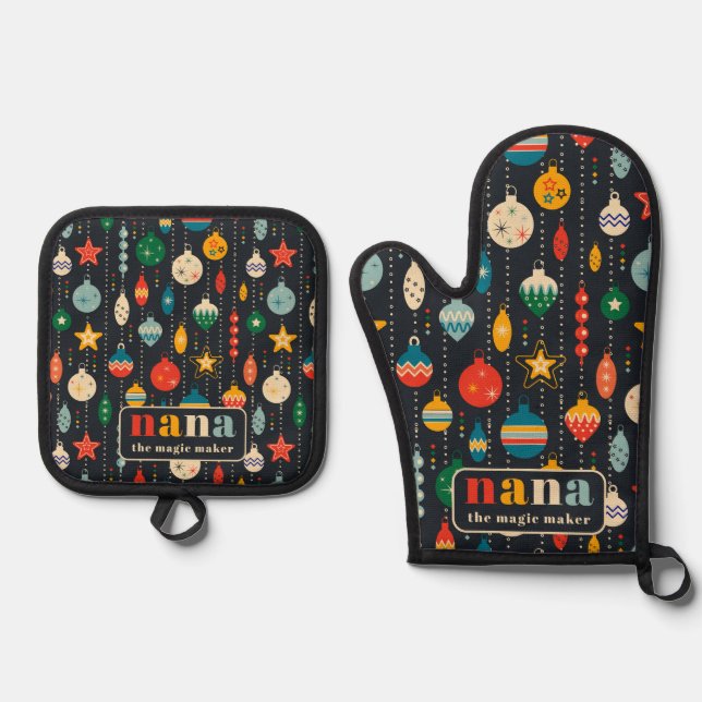 Retro Tree Toys Ornaments Nana Weihnachten Ofenhandschuh & Topflappen-Set (Vorderseite)