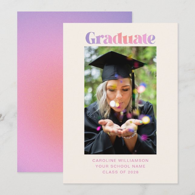 Retro Trendy Pastel Lila Pink Abschluss Foto Ankündigung (Vorne/Hinten)
