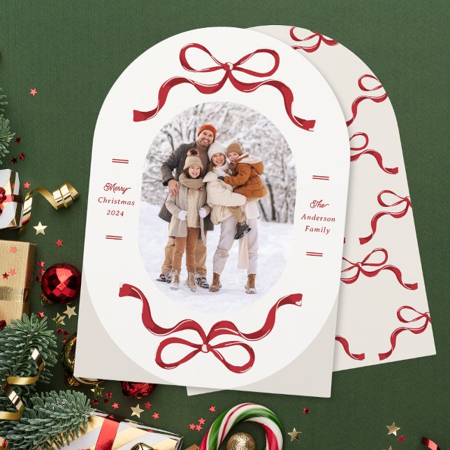 Retro Trendy Red Bows Oval Foto Arch Holiday Card Einladung (Von Creator hochgeladen)