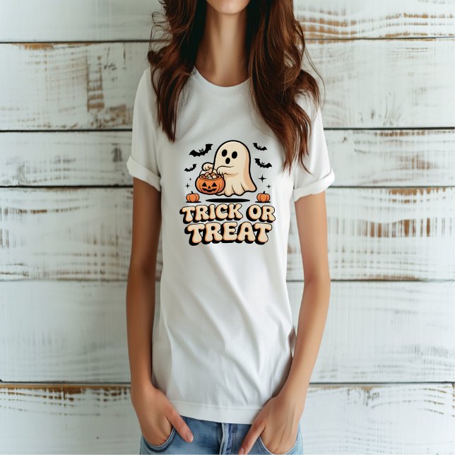 Retro Trick oder Treat Halloween Niedlich Ghost T-Shirt (Von Creator hochgeladen)