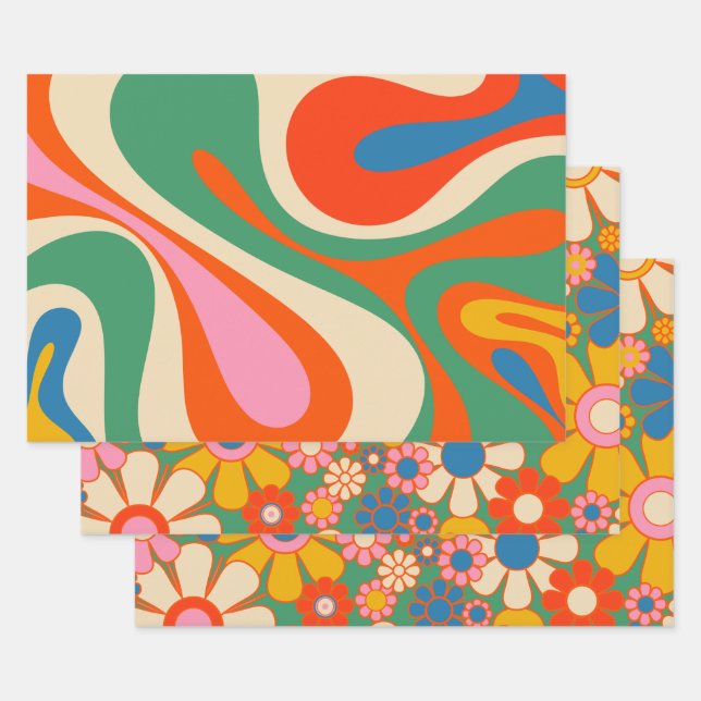 Retro Trippy Blume und Wirbel Geschenkpapier Set (Set)