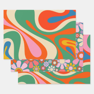 Retro Trippy Wirbel und Blume Geschenkpapier Set