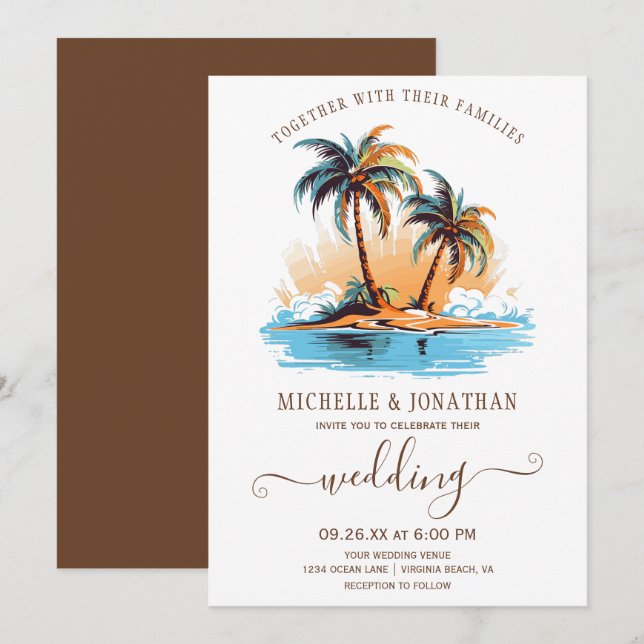 Retro Tropical Beach Hochzeit in Urlaubsort Einladung (Vorne/Hinten)