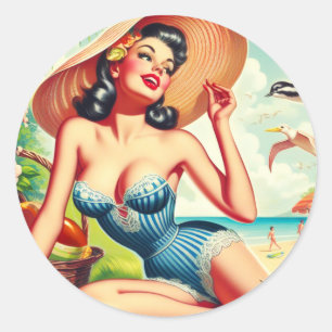 Retro Tropical Beach Pinup Runder Aufkleber