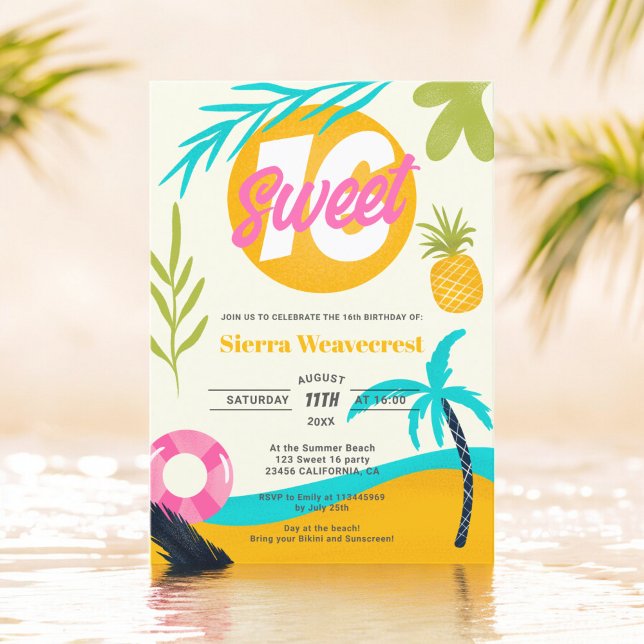 Retro Tropical Beach Pool Sweet 16 Foto Einladung (Summer Retro Tropical Beach Pool Sweet 16 photo Invitation)