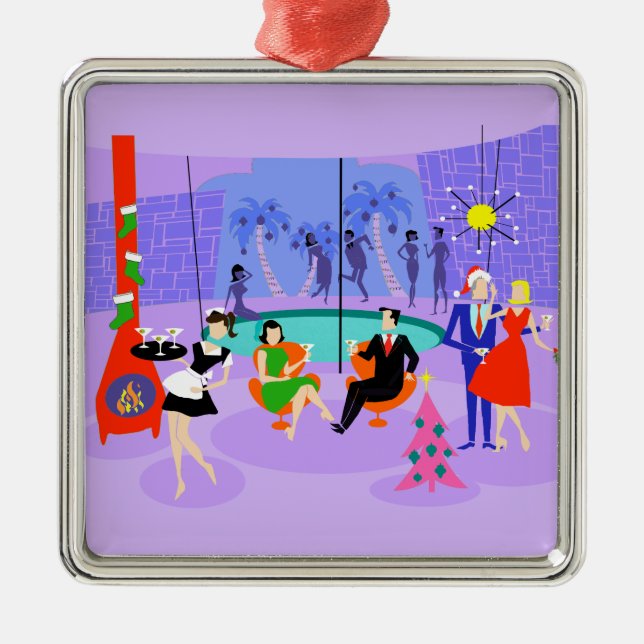 Retro Tropical Christmas Party Silbernes Ornament (Vorne)