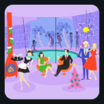 Retro Tropical Christmas Party Stickers<br><div class="desc">Diese Retro Tropical Weihnachts-Party Sticker sind festlich genug, um jeden zu heitern Urlaub Aussichten! Das Design des Cartoon besticht durch die ausgeklügelte Feier, die normalerweise nur in Weihnachtsfilmen aus den 1960er Jahren zu sehen ist. Ein modernes Wohnzimmer aus der Mitte des Jahrhunderts ist mit Partygästen gefüllt, die die geschmackvolle, lila...</div>