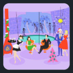 Retro Tropical Christmas Party Stickers<br><div class="desc">Diese Retro Tropical Weihnachts-Party Sticker sind festlich genug, um jeden zu heitern Urlaub Aussichten! Das Design des Cartoon besticht durch die ausgeklügelte Feier, die normalerweise nur in Weihnachtsfilmen aus den 1960er Jahren zu sehen ist. Ein modernes Wohnzimmer aus der Mitte des Jahrhunderts ist mit Partygästen gefüllt, die die geschmackvolle, lila...</div>
