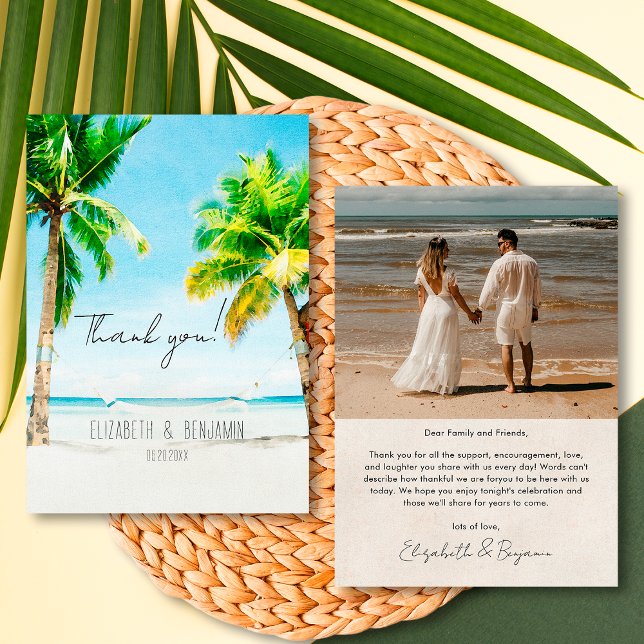 Retro Tropical Destination Foto Beach Hochzeit Dankeskarte (Von Creator hochgeladen)