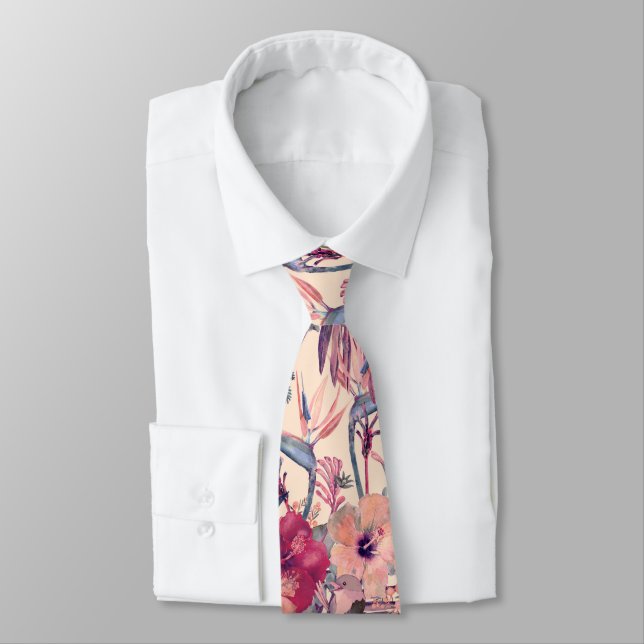 Retro Tropical Hibiscus Wren Pattern  Krawatte (Gebunden)