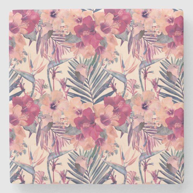 Retro Tropical Hibiskus Wren Pattern Steinuntersetzer (Vorderseite)