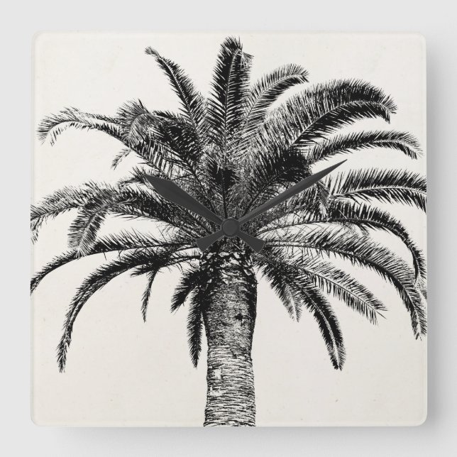 Retro Tropical Island Palm Tree in Schwarz-Weiß Quadratische Wanduhr (Vorderseite)