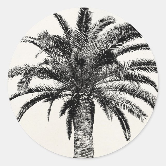 Retro Tropical Island Palm Tree in Schwarz-Weiß Runder Aufkleber (Vorderseite)