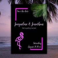 Retro Tropical Neon Pink Flamingo Save the Date