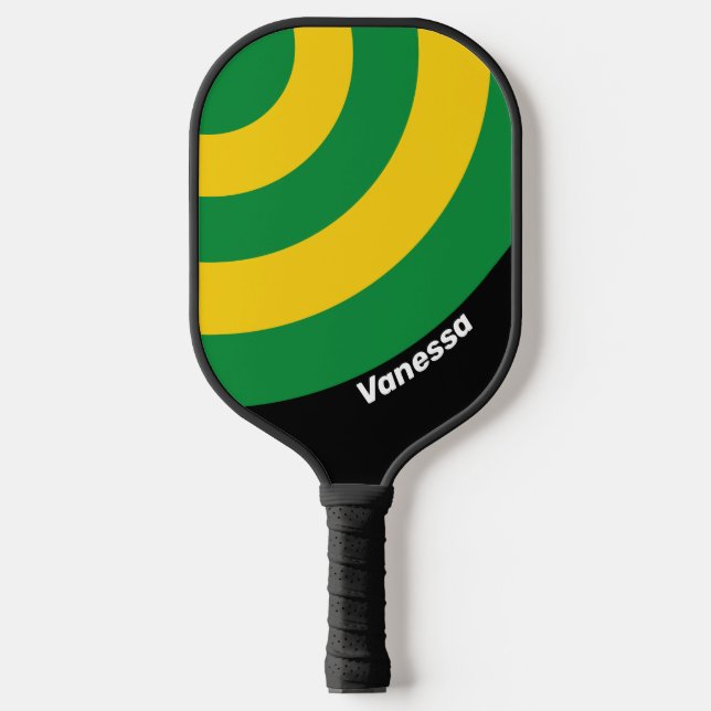 Retro Tropical Palm Circle Streifen mit Name Pickleball Schläger (Vorderseite)