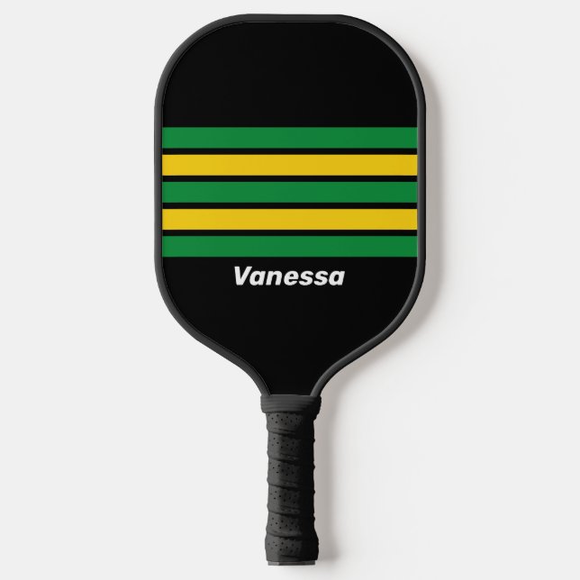 Retro Tropical Palm durch Streifen mit Namen Pickleball Schläger (Vorderseite)