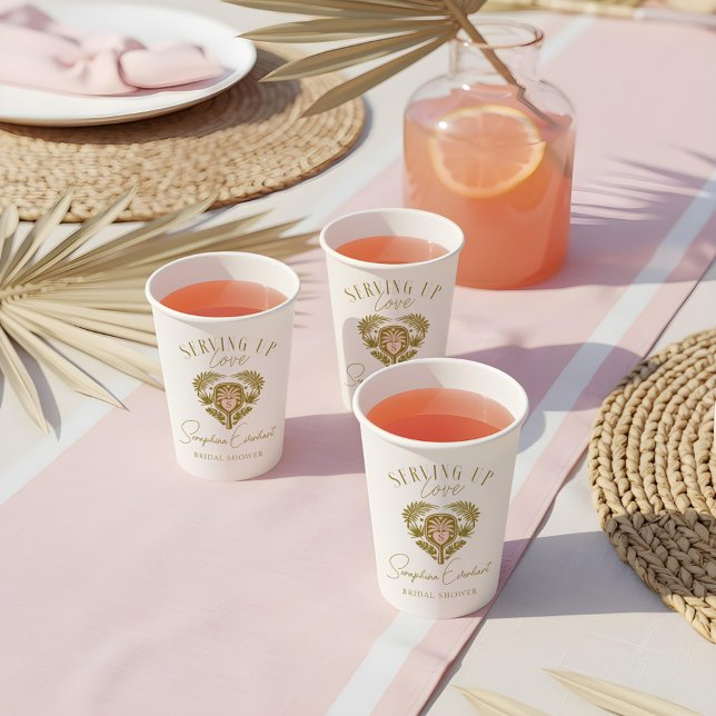 Retro Tropical Palm Tree Pickleball Brautparty Pappbecher (Retro Tropical Palm Tree Pickleball Bridal Shower Paper Cups)