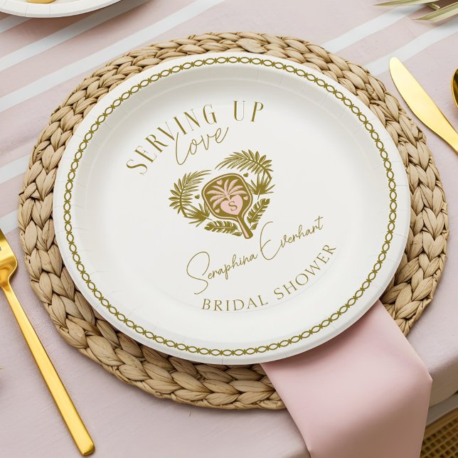 Retro Tropical Palm Tree Pickleball Brautparty Pappteller (Retro Tropical Palm Tree Pickleball Bridal Shower Paper Plates)