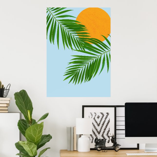 Retro Tropical Sun Palm Blätter Blauer Minimal Poster (Heimbüro)