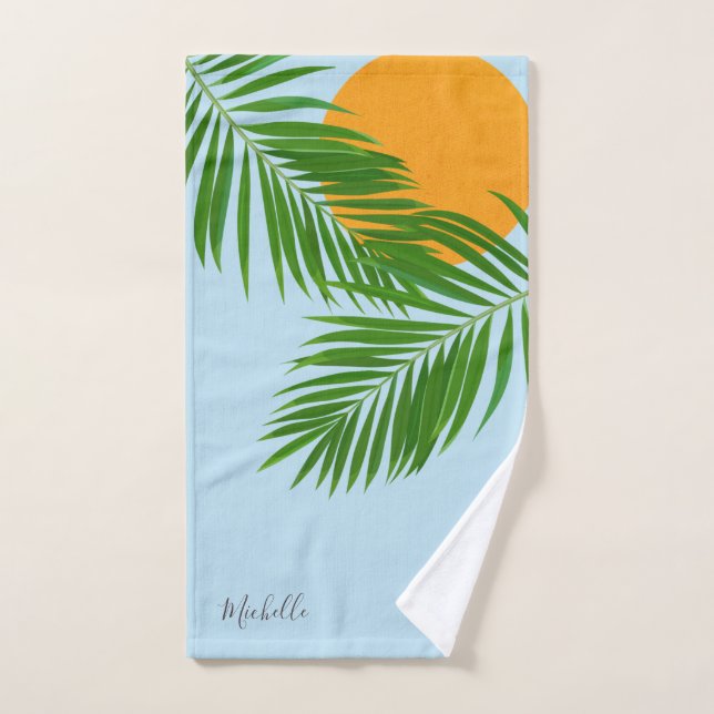 Retro Tropical Sun Palm Blätter Blauer Minimaler N Badhandtuch Set (Handtuch)