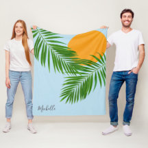 Retro Tropical Sun Palm Blätter Blauer Minimaler N