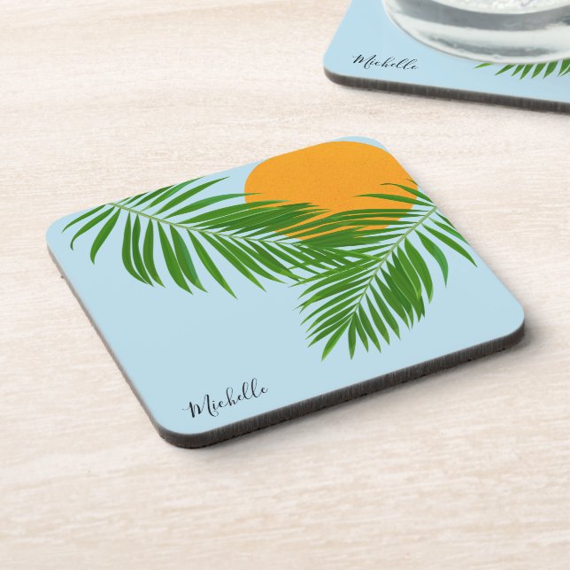 Retro Tropical Sun Palm Blätter Blauer Minimaler N Getränkeuntersetzer (Linke Seite)