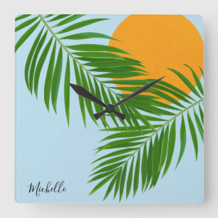 Retro Tropical Sun Palm Blätter Blauer Minimaler N Quadratische Wanduhr