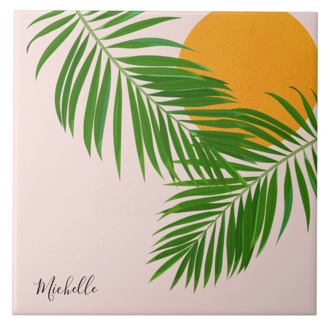 Retro Tropical Sunset Palm Blätter Minimalistische Fliese (Vorderseite)