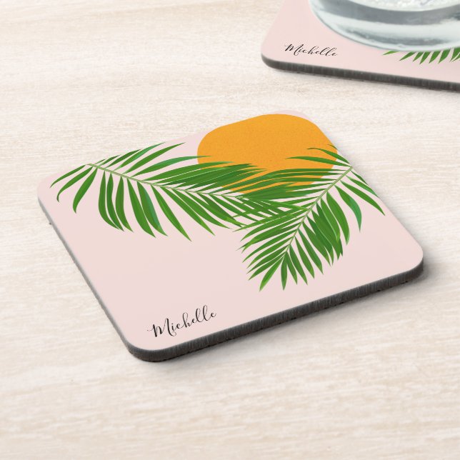 Retro Tropical Sunset Palm Blätter Minimalistische Getränkeuntersetzer (Linke Seite)