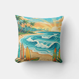 Retro Tropical Surf Beach Waves Throw Pillow Kissen