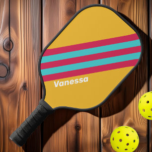 Retro Tropische Brise Streifen mit Namen Pickleball Schläger