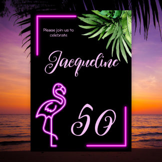Retro tropische Neon pink Flamingo 50. Geburtstag Einladung