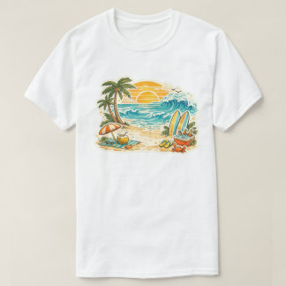 Retro-tropische Strand-Sonnenuntergangs-Illustrati T-Shirt