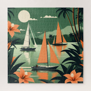 Retro-Tropischer Strand und Segelboote Retro