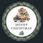 Retro Truck Green Christmas Rücksendeadressen-Aufk Runder Aufkleber<br><div class="desc">Schaffen Sie schöne Weihnachtslieder mit einem alten LKW in einem grünen Büffel karierten Rahmen. Diese grünen Weihnachtsmarken können Sie ganz einfach mit Ihrem Namen und Ihrer Adresse personalisieren</div>