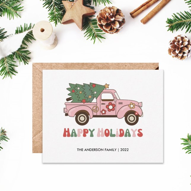 Retro Truck Happy Holidays Weihnachtskarte Mitteilungskarte (Von Creator hochgeladen)