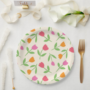 Retro-Tulpen-Blumenmuster in Orange, Pink und Rot Pappteller