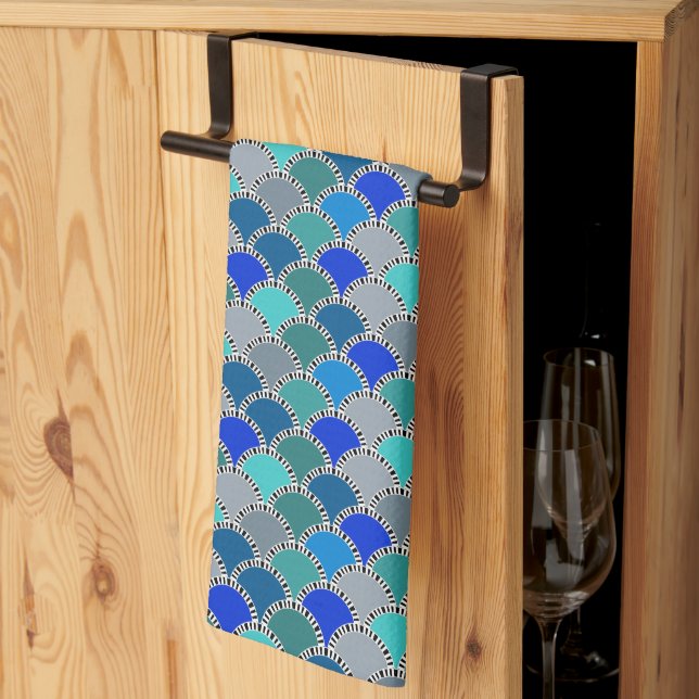Retro Türkis-Blau-aquamarines graue Skala-Muster Geschirrtuch (Drittel gefaltet)