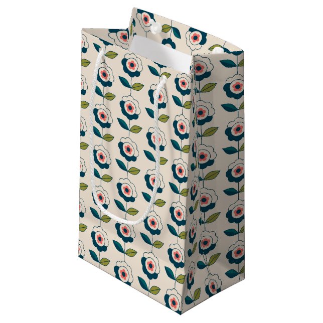 Retro Türkis-Blumenmuster Kleine Geschenktüte (Vorderseite Schrägansicht)