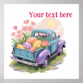 Retro Türkis- & Lila-Lieferwagen mit Ostereiern Poster