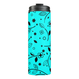 Retro Türkis Schwarze Linienkunst Blumen Thermo-Ta Thermosbecher