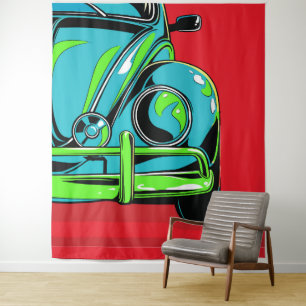 Retro Türkis Sportwagen Front Pop Art Wandteppich