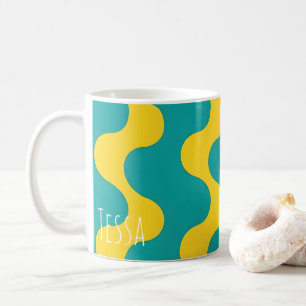 Retro Türkis und Gelbe Abstrakte Wellenlinienkunst Kaffeetasse