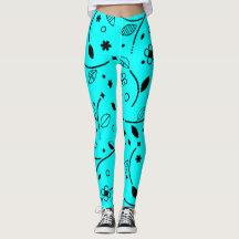 Retro Türkis und schwarze Blumen-Leggings mit Lini