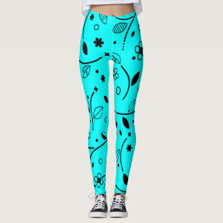 Retro Türkis und schwarze Blumen-Leggings mit Lini Leggings