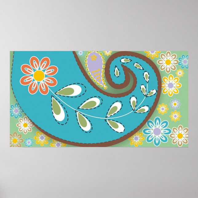 Retro-türkisfarbenes Pisley mit Blume Poster (Vorne)