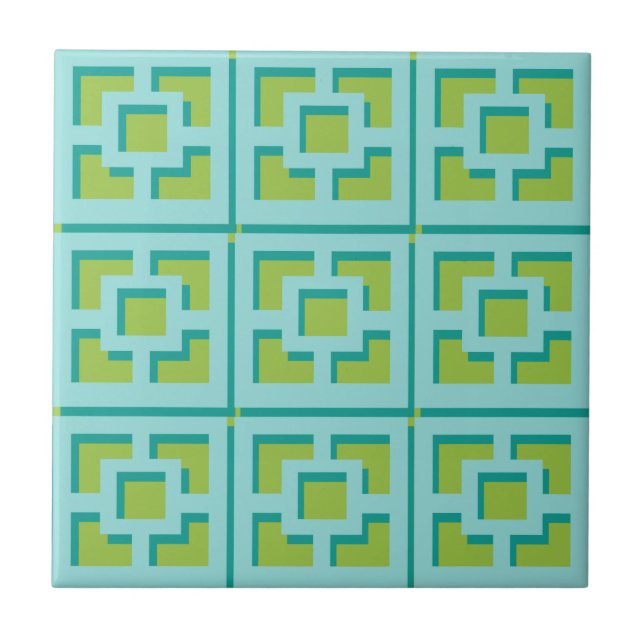 Retro Turquoise and Green Trellis Keramik Tile Fliese (Vorderseite)